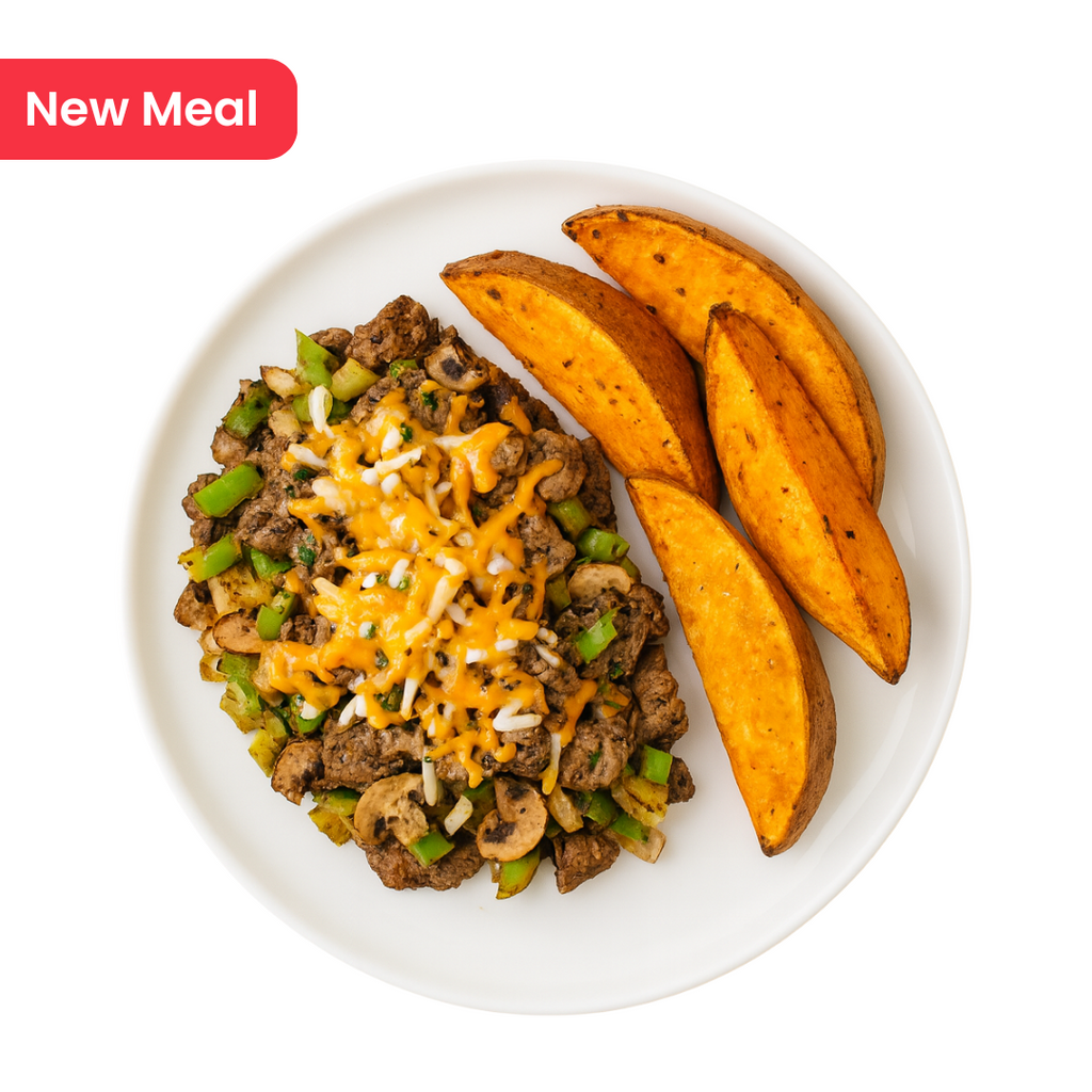 Philly Cheesesteak With Sauteed Peppers And Sweet Potato Wedges