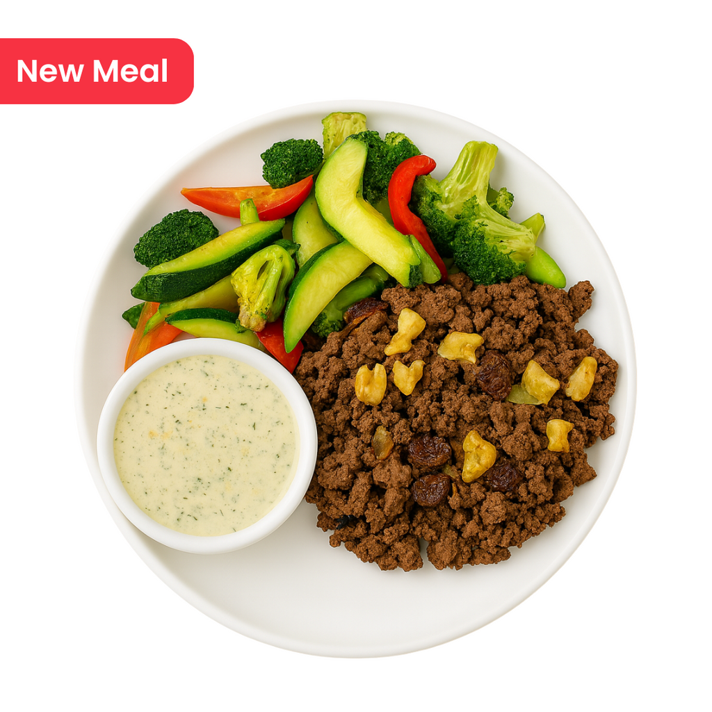 KETO Smashed Beef Kebab With Cucumber Yogurt And Zucchini Saute