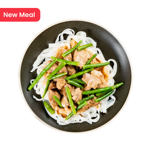 Thai Peanut Pork with Green Beans over Rice Noodles