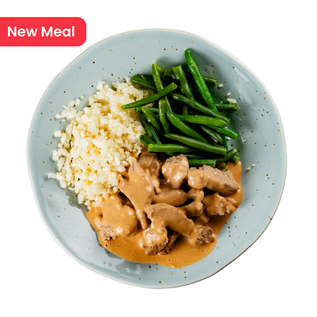 Keto Thai Peanut Pork with Green Beans over Cauliflower rice