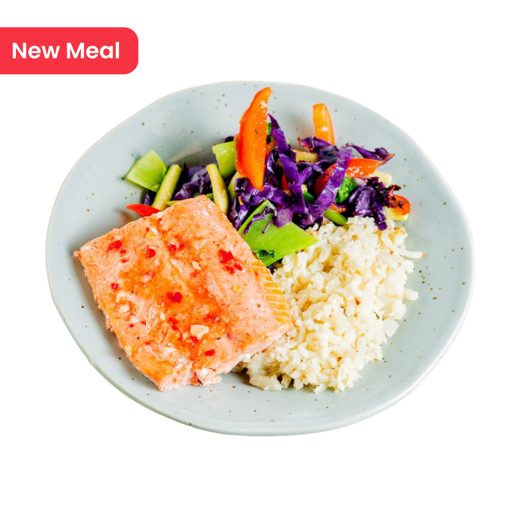 Salmon with Sweet Chili Glaze, Sesame Stir-Fry & Rice