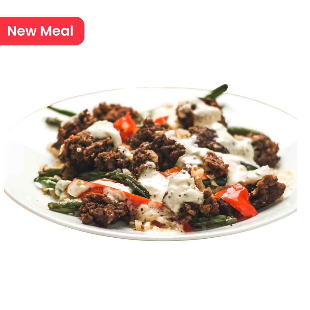 Keto Greek Gyro Bowl with Lemon Dill Cauliflower Rice and Vegetables