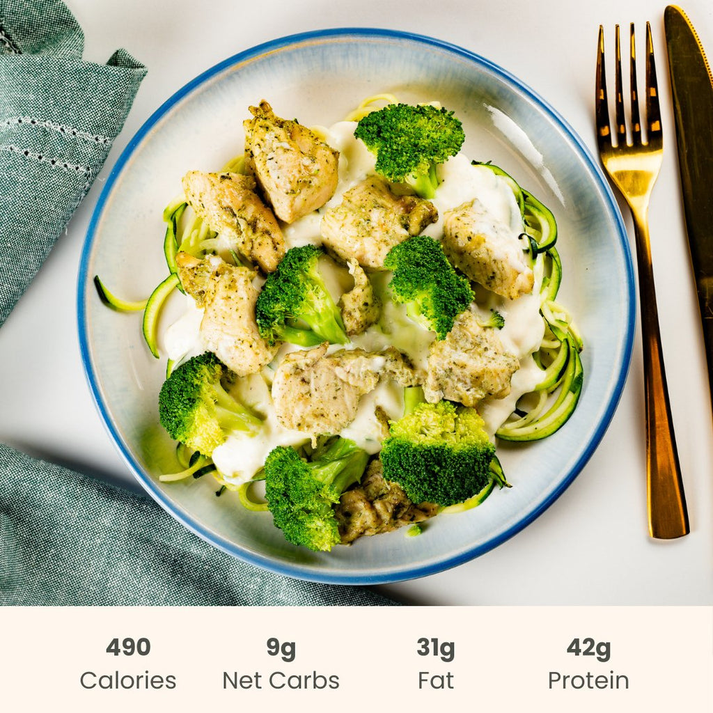 KETO Chicken Pesto Alfredo with Broccoli on Zucchini Noodles